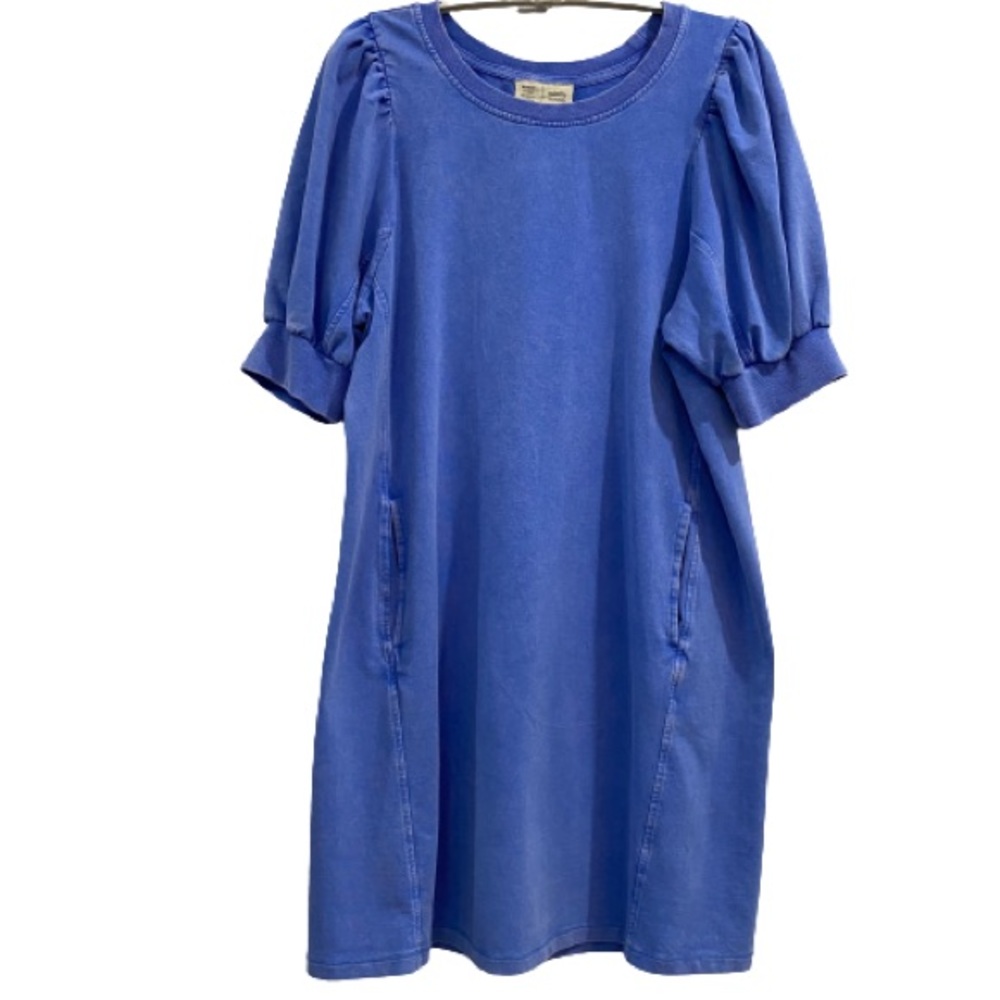 Anthropologie Blue Puff Sleeve Shift Dress Cotton Blend Casual Size Small